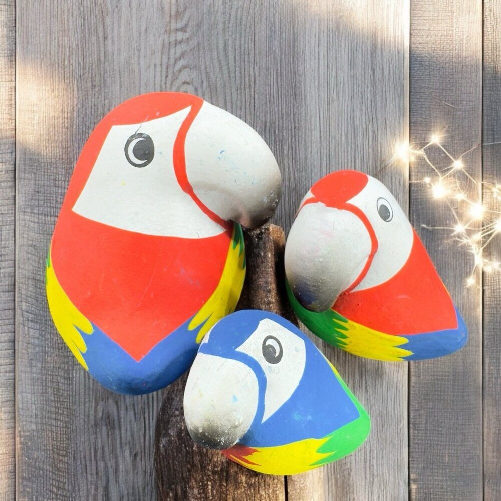 Mexican Pottery Hand Painted Parrot Bird Set 3 Figurine Ceramic Multicolor Decor